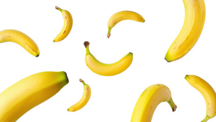 Plátanos o bananas esparcidas por el aire. Aisladas sobre fondo transparente. PNG.