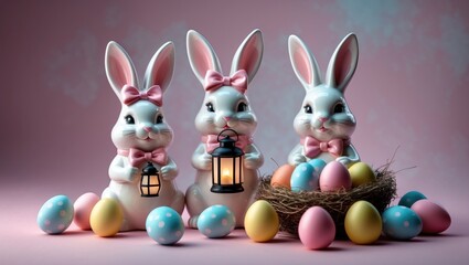 Fototapeta premium Decorative Easter scene featuring ceramic white bunny, pink bow, mushrooms, and Easter eggs arranged in nests on pink background for greeting cards