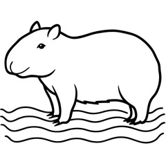 Fototapeta premium Capybara in Water with Subtle Ripples, Peaceful Line Art