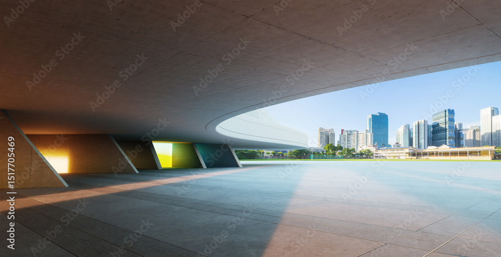 Poster 3d rendering empty concrete ground and modern skyline with colorful wall