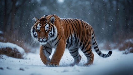 Obraz premium Close-up of a Siberian tiger, Panthera tigris altaica, in a blizzard with intense eye contact amidst deep snow.