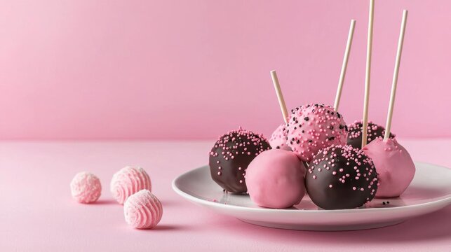 Plate of cake pops on a pink background. the cake pops are round and have a pink base with black and white sprinkles on top.