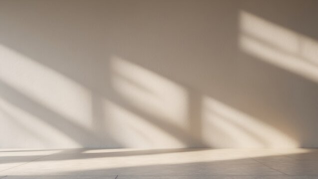 Abstract floral pattern with sunlight and shadow on a neutral beige wall for minimalist sustainable interior design mock-up