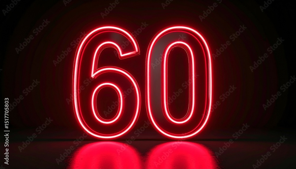 Poster 3d rendering of a metallic number 60 with curved red neon lines on a background.