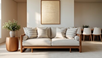 Modern home space showing gold poster over white cabinet next to beige wooden settee, dining area with table and plants