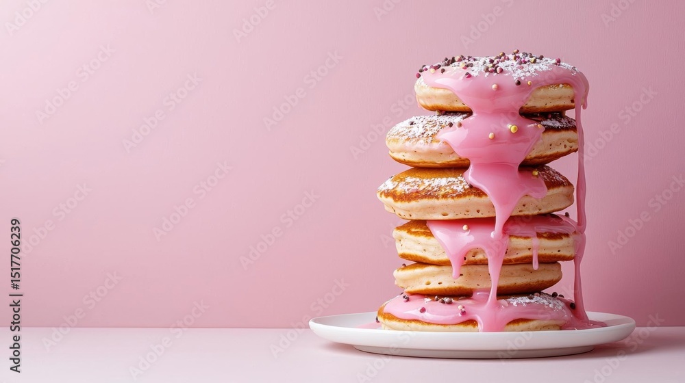Poster stack of six donuts on a white plate. the donuts are arranged in a pyramid-like shape, with the topm