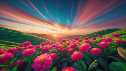 Fototapeta premium Stunning scenic view of the Carpathian mountains during summer sunset, featuring vibrant pink rhododendrons, lush grass, and a beautiful floral background.