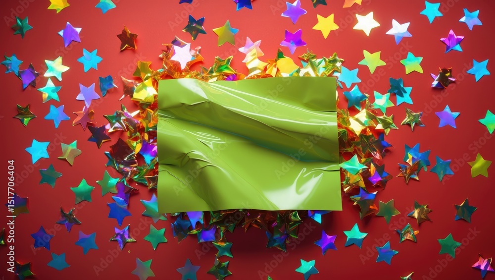 Poster minimal christmas design with green textured paper on a red glittery background featuring stars and 