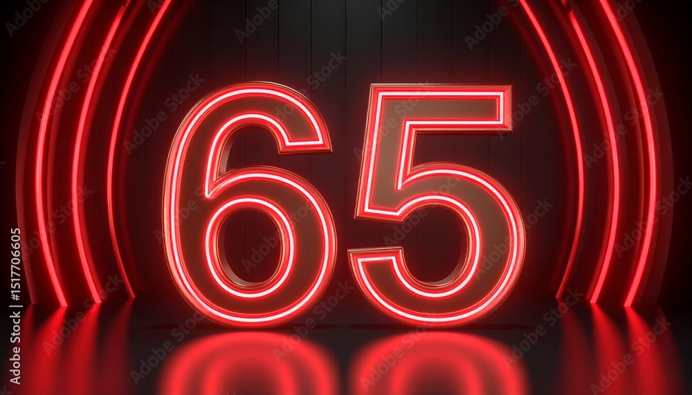 Poster 3d rendering of a metallic number 65 with curved red neon lines on a background.