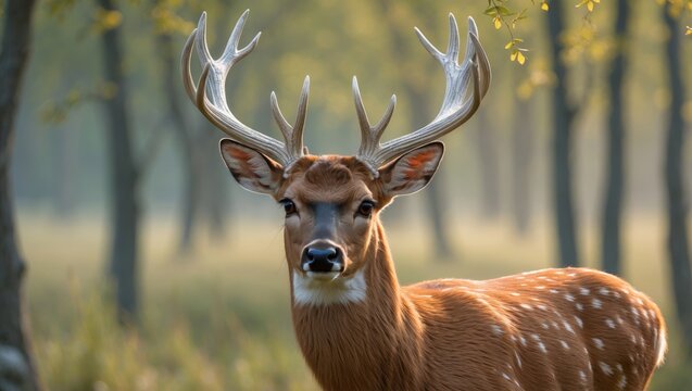 Male barasingha with velvet antler standing in the forest