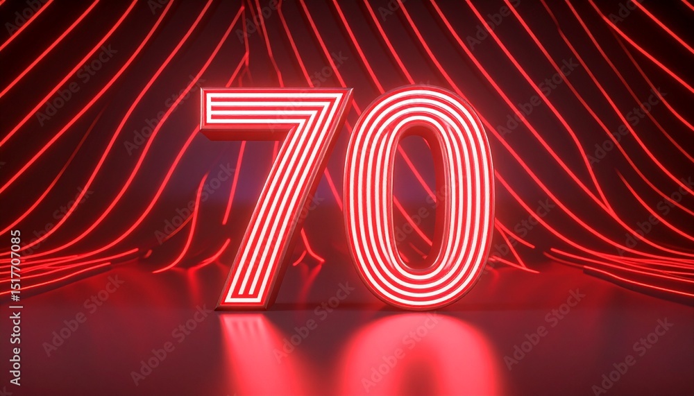 Poster 3d rendering of a metallic number 70 with curved red neon lines on a background.