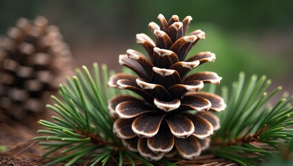 Fototapeta premium Close-up wallpaper of pine tree branch with cones amidst autumn woods, featuring natural background and soft focus.