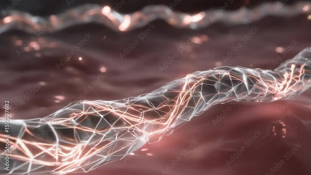 Poster intricate plexus network flowing across vibrant red liquid surface, revealing dynamic interconnectio