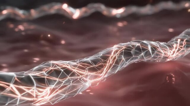 Intricate plexus network flowing across vibrant red liquid surface, revealing dynamic interconnections between technological innovation and scientific visualization