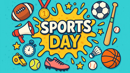 Sports day festive poster for school concept basketball football tennis and baseball with dynamic colors, exciting layout, and fun athletic theme for students
