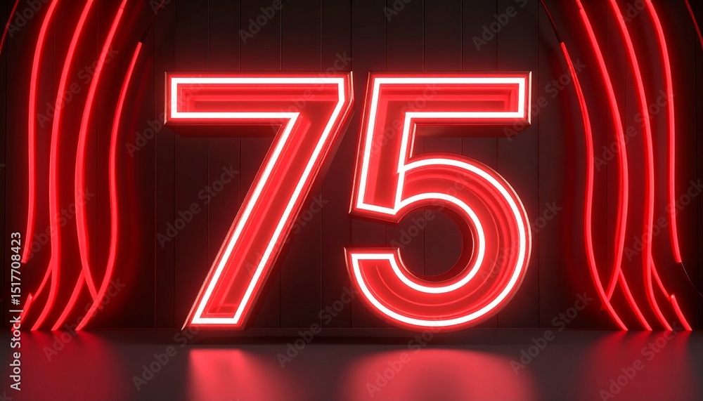 Poster 3d rendering of a metallic number 75 with curved red neon lines on a background.