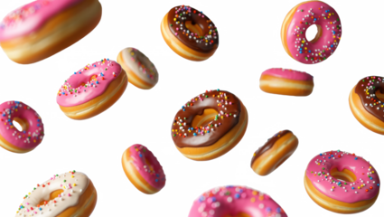 Donas de diferentes sabores esparcidas por el aire. Aisladas sobre fondo transparente. PNG.