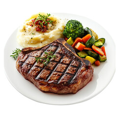  grilled ribeye steak with grill marks, served with mashed potatoes and steamed vegetables, isolated on a white background