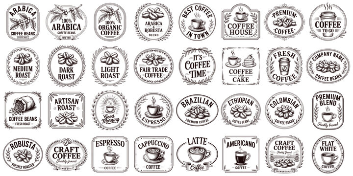 Vintage coffee badges and labels including coffee beans, cups, roasts, and blends for branding, packaging, or cafe design. Vector set