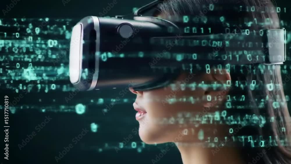Poster woman experiencing virtual reality with digital binary data streaming around her head. futuristic te