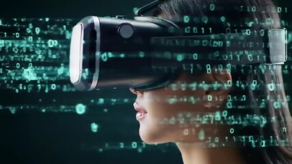 Woman experiencing virtual reality with digital binary data streaming around her head. Futuristic technology concept for digital interaction and innovation development footage. - Powered by Adobe