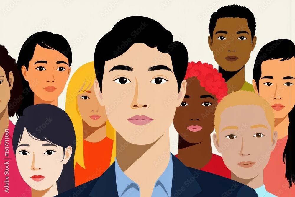 Poster visual representation of diverse group with blurred faces, emphasizing one individual in sharp focus