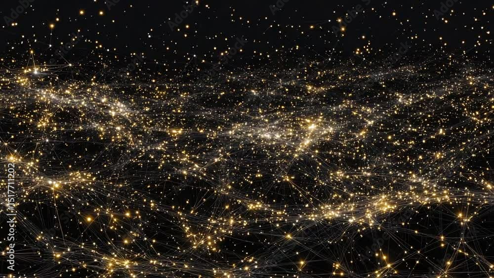 Poster abstract golden glowing network on black background connecting data points visualization