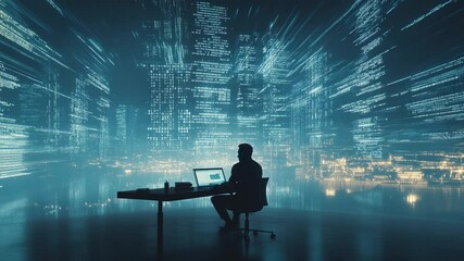 Data Scientist Working on Futuristic Interface Displaying Complex Algorithms - Powered by Adobe