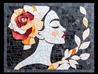 Mosaic Portrait of a Woman with Flowers