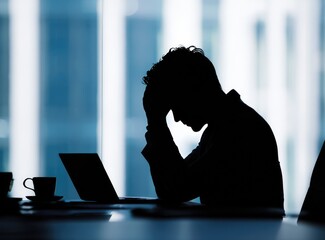 Silhouette of stressed businessman at desk