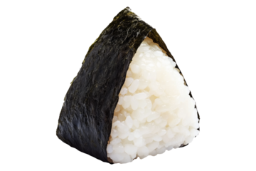 Japanese onigiri rice ball wrapped in nori seaweed, isolated on white transparent background, showcasing traditional Asian cuisine concept
