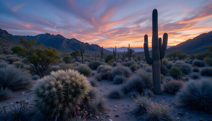 Desert Twilight Serenity: Saguaro cacti silhouettes pierce a pastel sky as dusk descends, casting a tranquil glow over the arid landscape in this evocative desert scene.