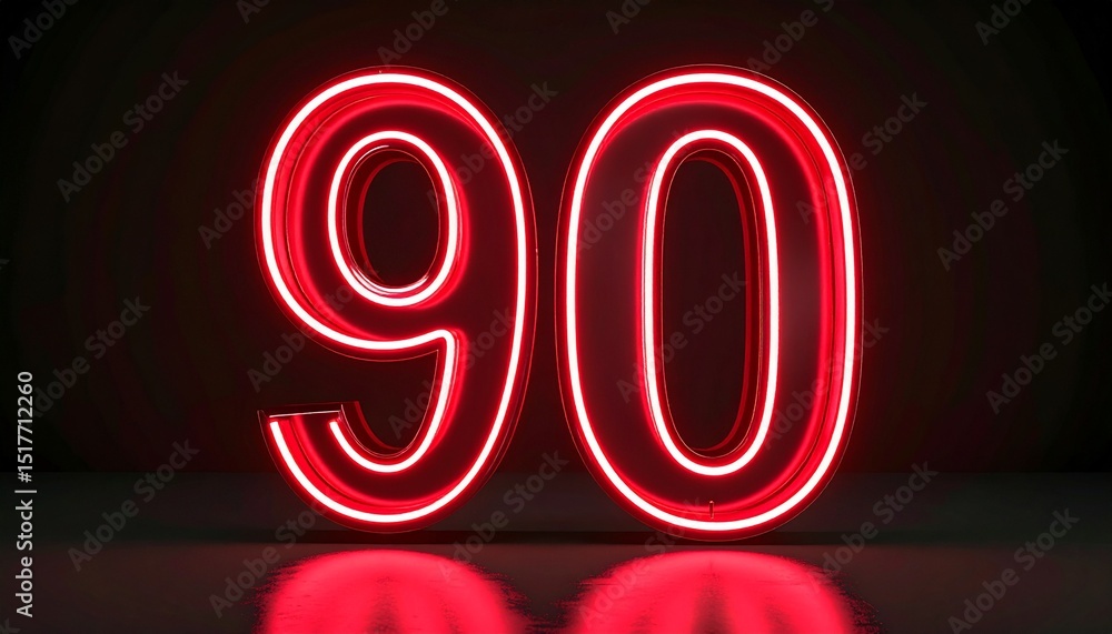Poster 3d rendering of a metallic number 90 with curved red neon lines on a background.