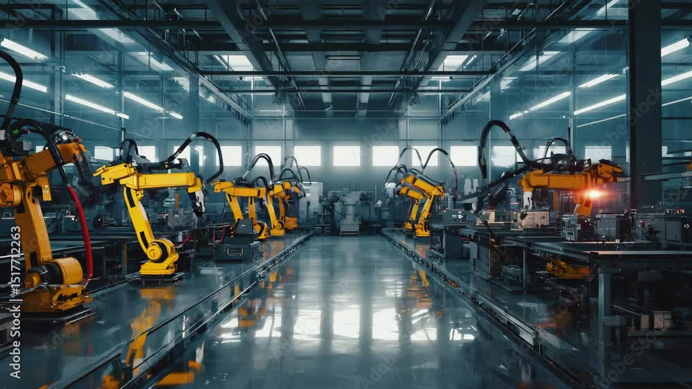 Aufkleber modern factory with rows of yellow robotic arms operating on both sides of a reflective assembly lin