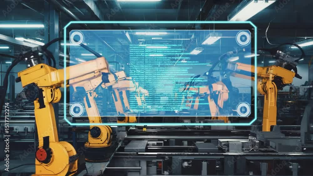 Aufkleber factory scene robotic arms with possibly a diagram or flowchart to complement