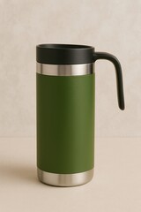 Obraz premium A modern green travel mug isolated. The sleek design and stainless steel details, making it a stylish choice for on-the-go beverages