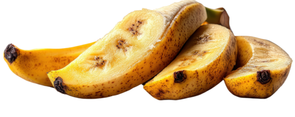 Sliced banana pieces isolated on transparent background. PNG.
