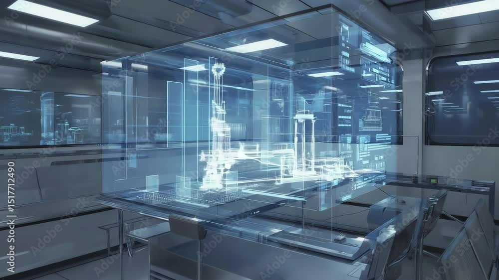 Poster futuristic room into a dynamic showcasing the large holographic display projecting a detailed 3d ind