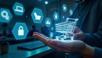 Ecommerce shopping cart and hand icon futuristic design si-fi hiend data