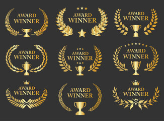 Award Winner emblem collection of gold laurel wreath isolated on black background 