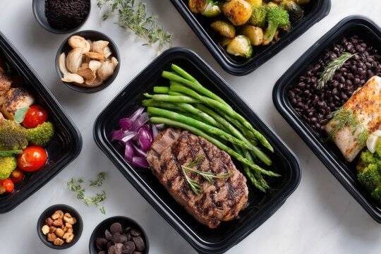 Healthy meal prep containers with various protein and vegetable options