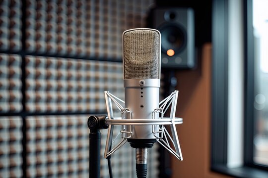 High-Quality Image of a Condenser Microphone Surrounded by Soundproof Panels in a Contemporary Recording Studio