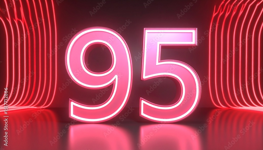 Poster 3d rendering of a metallic number 95 with curved red neon lines on a background.