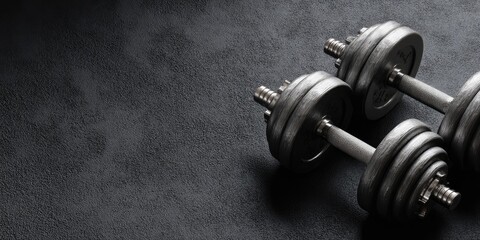 Two gray dumbbells on a dark surface