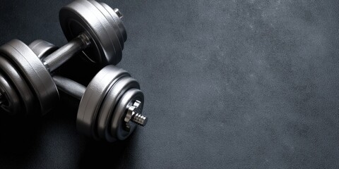Pair of gray dumbbells on dark surface