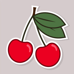 Red cherries with green leaves sticker design. Flat style vector illustration for food related designs and summer themed graphics