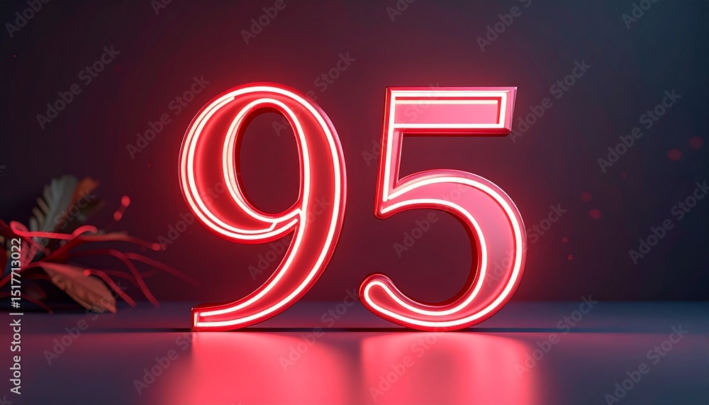 Poster 3d rendering of a metallic number 95 with curved red neon lines on a background.