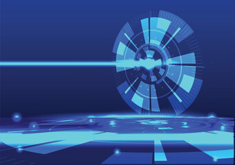 Circle tech laser light beam abstract background technology. Concept of futuristic innovation, energy, bright glowing space, modern graphic blue neon circular tech, cyberspace engineering interface.