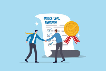 SLA service level agreement, commitment or support contract for uptime, availability or resolution for service problem, guarantee concept, businessman handshake with SLA checklist contract agreement.