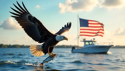 Bald Eagle Catching Fish with American Flag and Boat in Background Symbolizing Freedom and National Pride on the Water